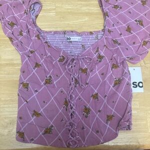SO Mauve Floral Lace-Up Square Neck Blouse